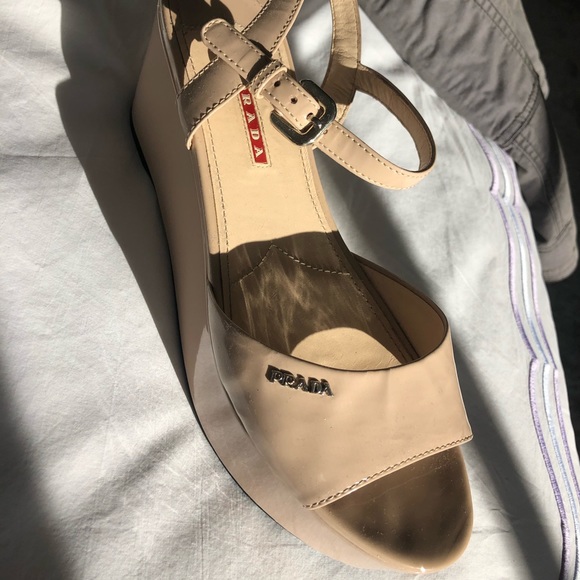 Prada Nude Patent Leather Platform Wedges - Picture 2 of 4